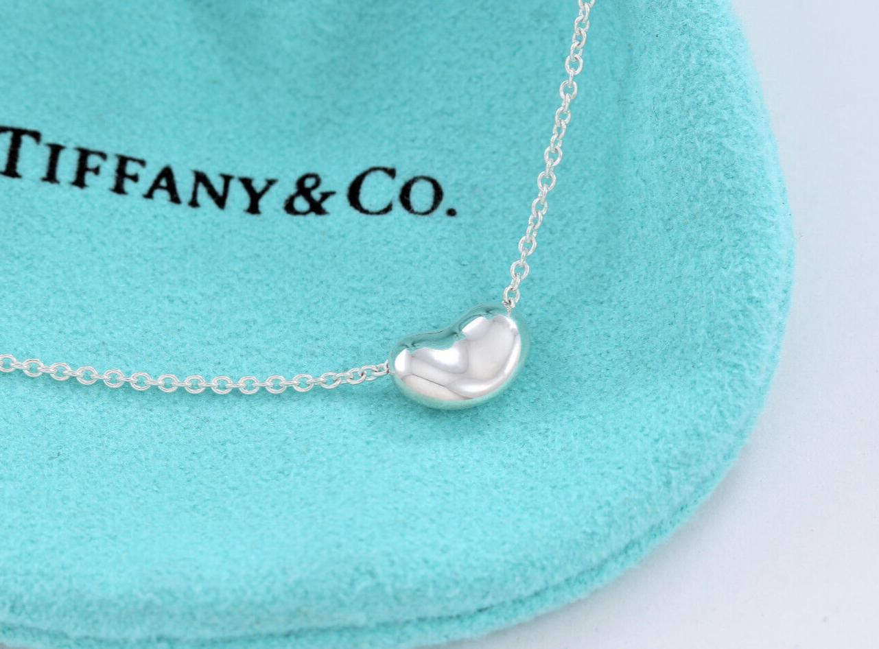 Tiffany & Co Silver Elsa Peretti 9mm Bean Pendant 16" Necklace in Pouch