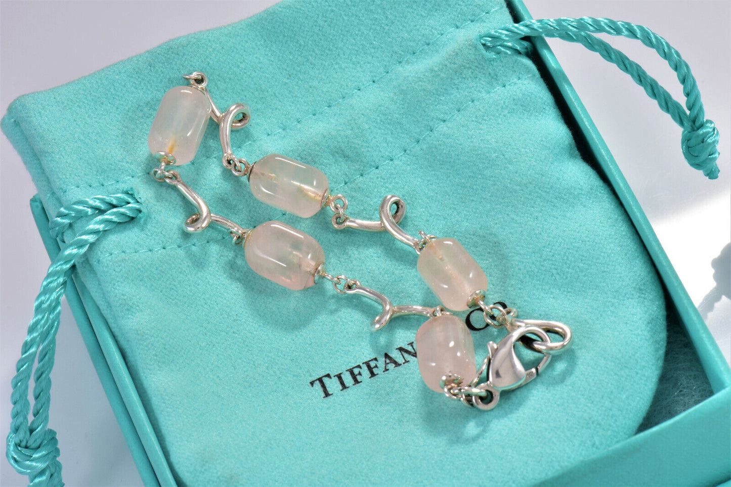 Tiffany & Co Silver Pink Rose Quartz Bead 7.25" Bracelet Twist Link & Pouch Rare