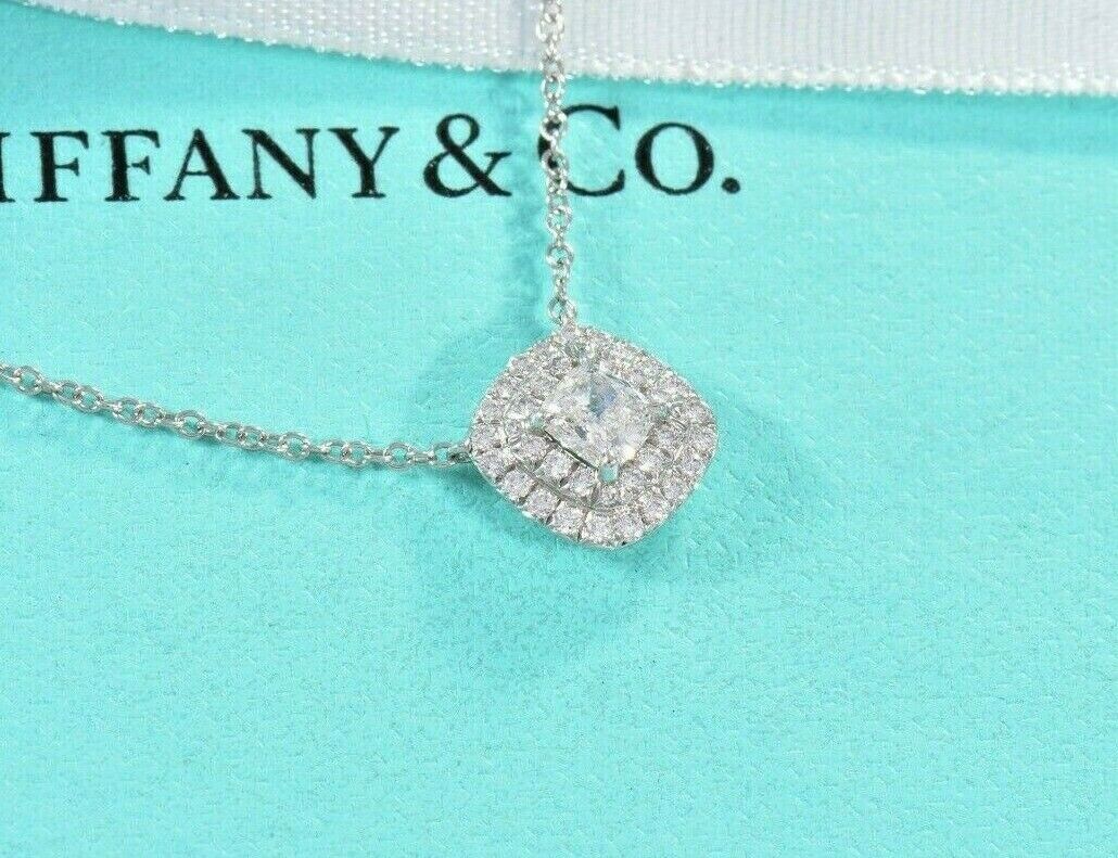 Tiffany & Co Platinum Diamond Soleste Cushion Pave Square Pendant Necklace Boxed