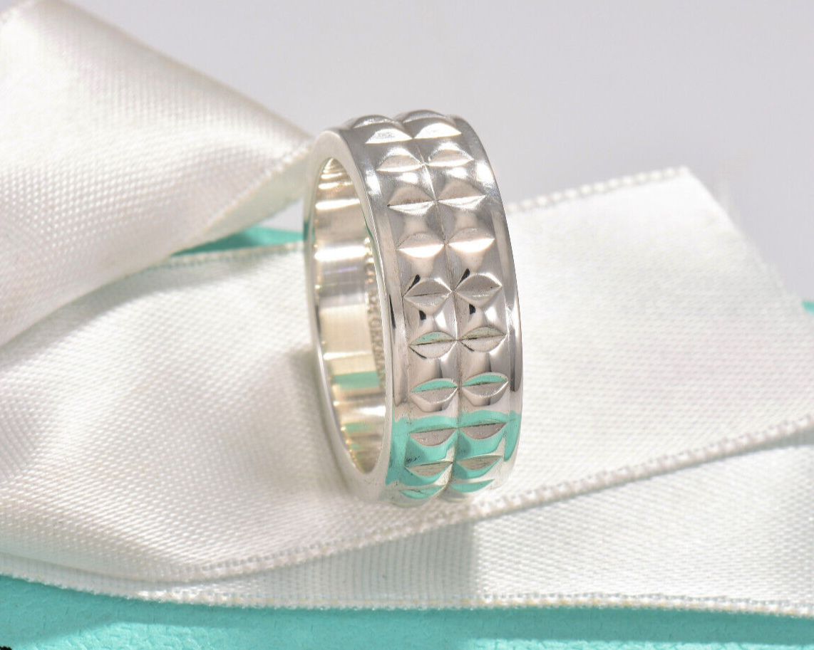 Tiffany & Co Germany Sterling Silver Wide Stud Band Size 8 Ring in Box Pouch