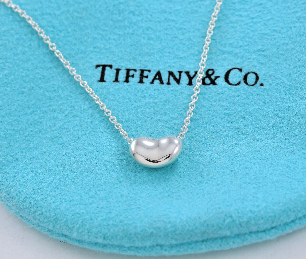 Boxed Tiffany & Co Silver Elsa Peretti 9mm Bean Pendant 17.5" Necklace Box Pouch