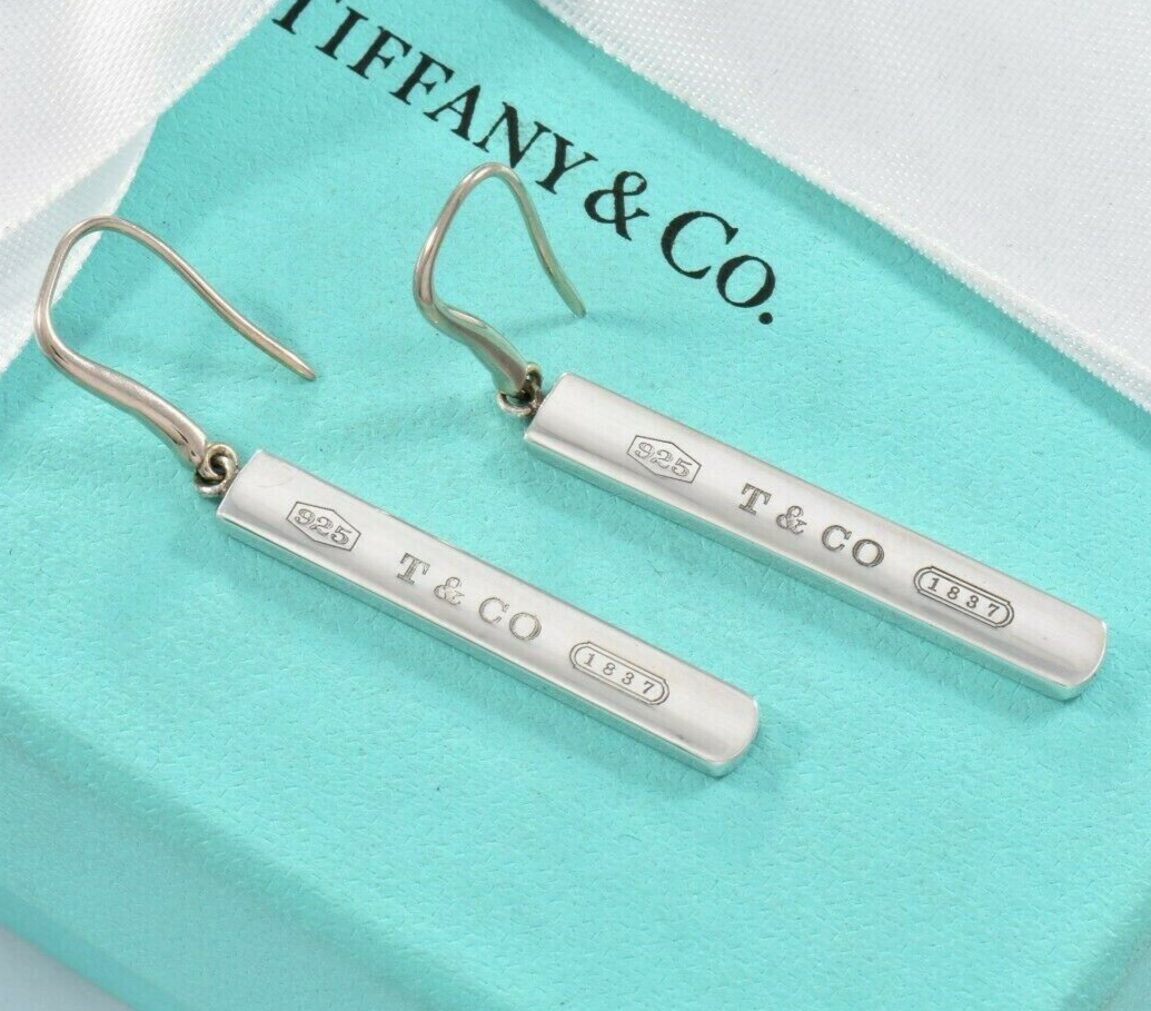 Tiffany & Co Sterling Silver 1837 Bar Dangling Hook Earrings & Pouch Dangle Rare