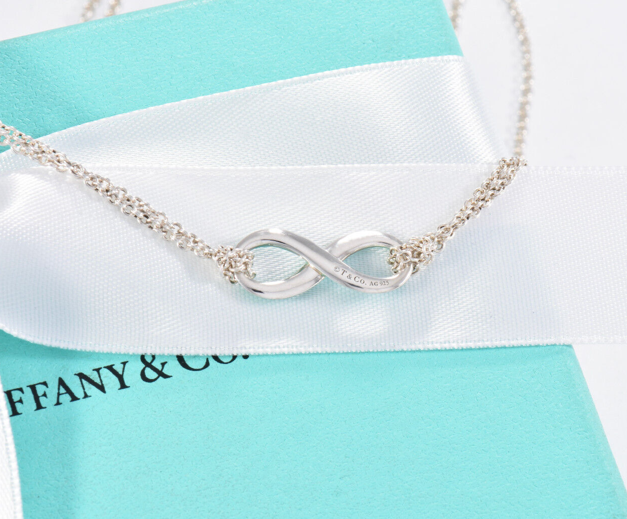 Tiffany & Co Silver Blue Enamel Infinity Pendant 18" Double Chain Necklace Boxed