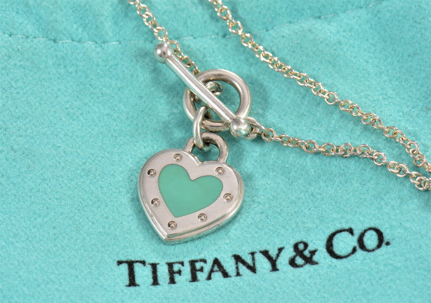 Return To Tiffany & Co Silver Blue Enamel Heart Charm Toggle 7.25" Bracelet Rare