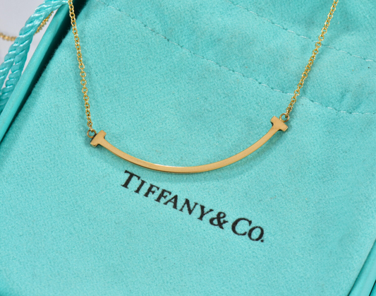 Tiffany & Co 18K Yellow Gold Small T Smile Pendant Necklace 16-18.4" & Box Pouch