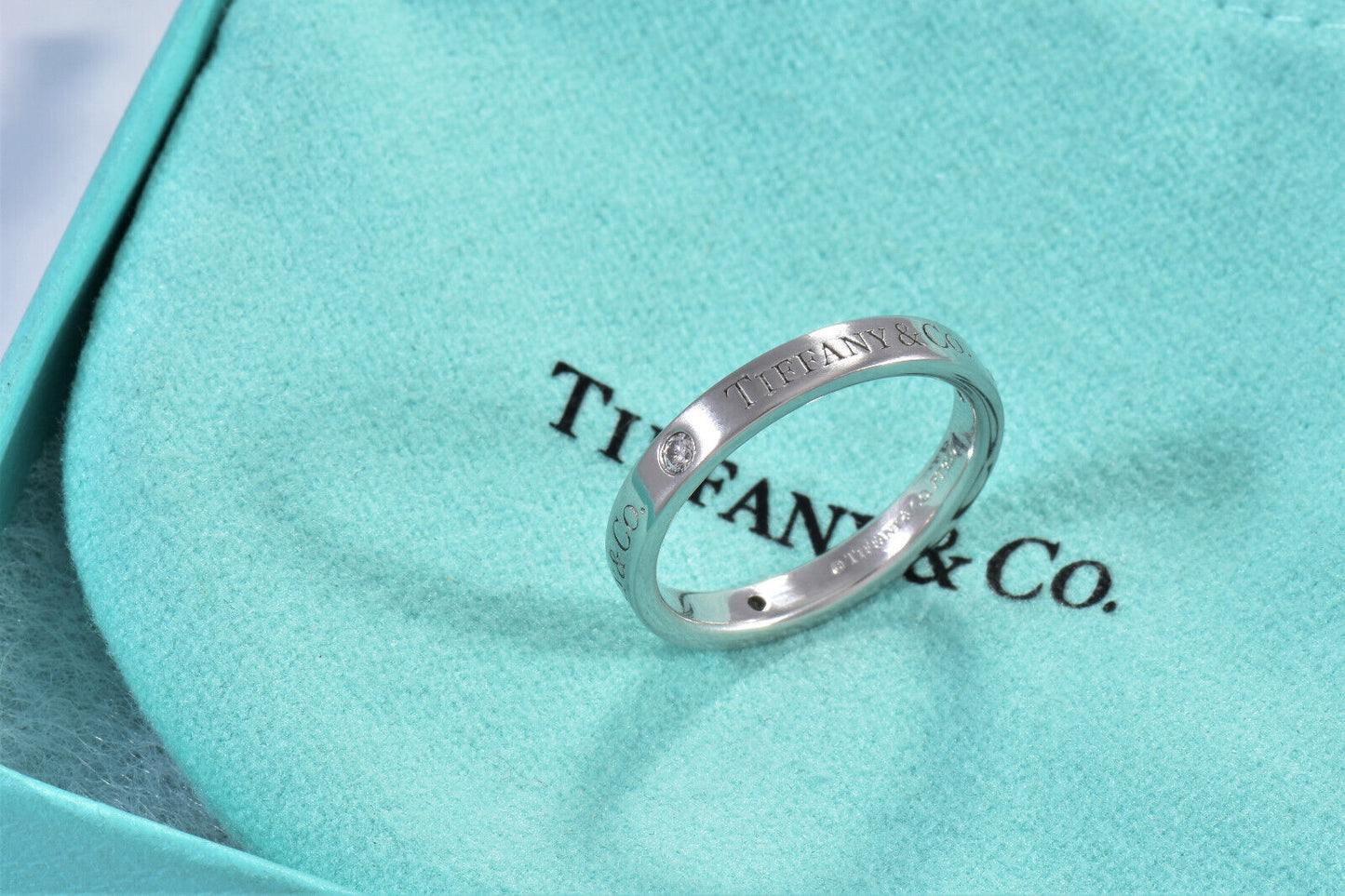 Tiffany & Co Platinum Three Diamond Band 3mm Ring Size 5.5 in Box Pouch Rare