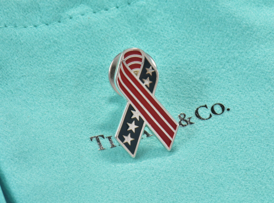 Vintage Tiffany & Co Silver Stars USA Red Blue Enamel American Flag Pin Brooch