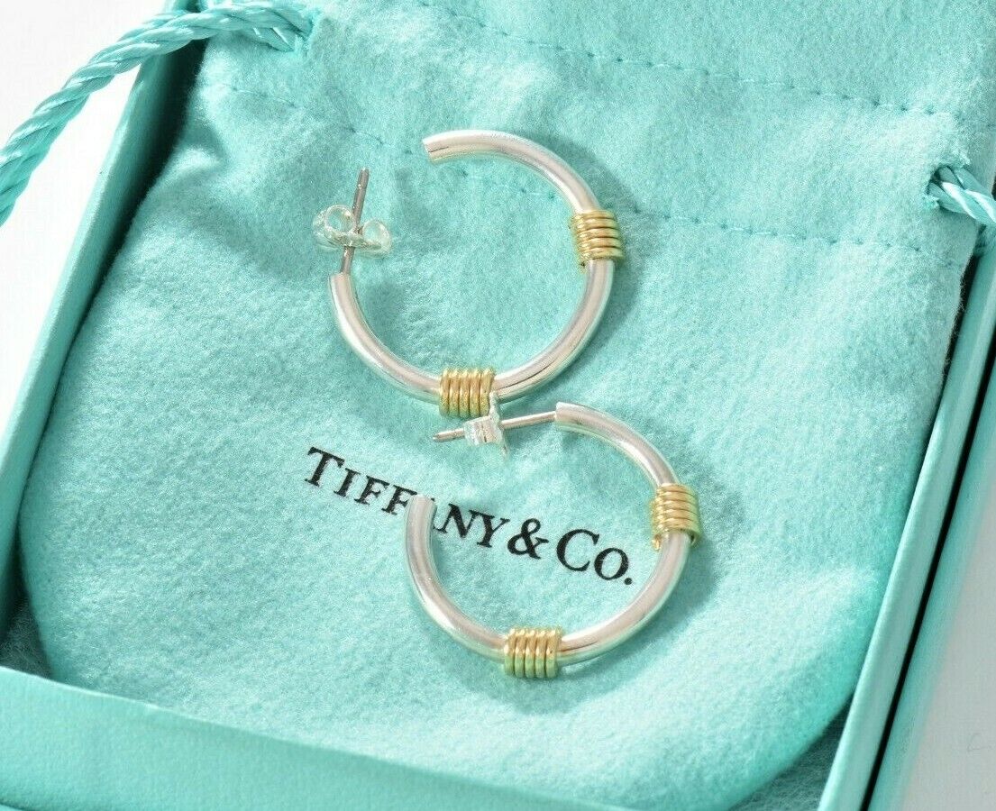 Vintage Tiffany & Co Silver Yellow Gold Coil Cable Wire Hoop Earrings 1.3" Pouch