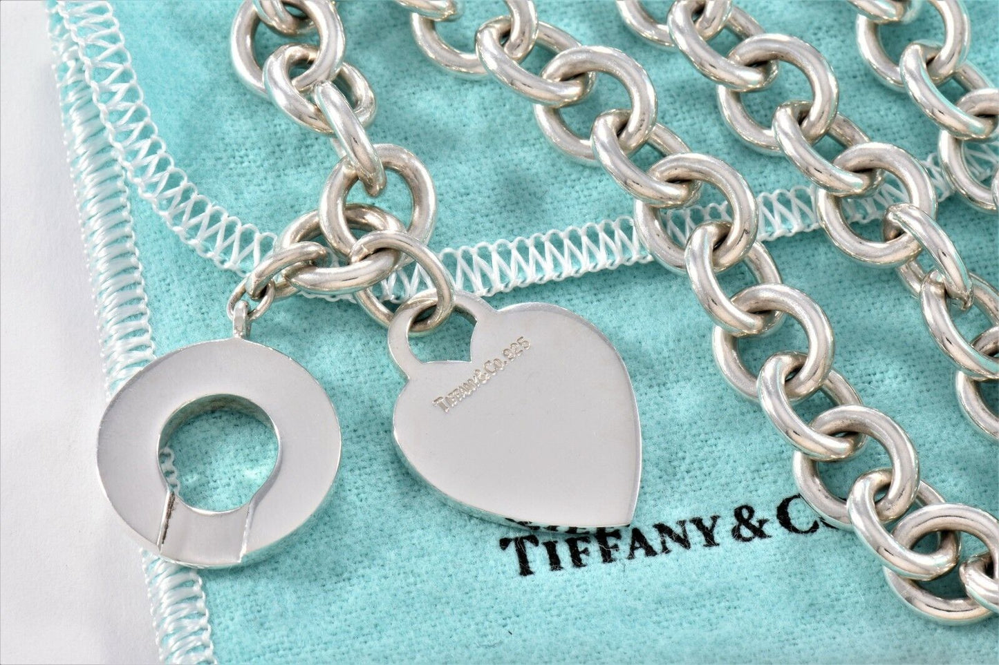 Tiffany & Co Silver Blank Heart Tag Engravable Toggle Chain Necklace 16.5" Pouch