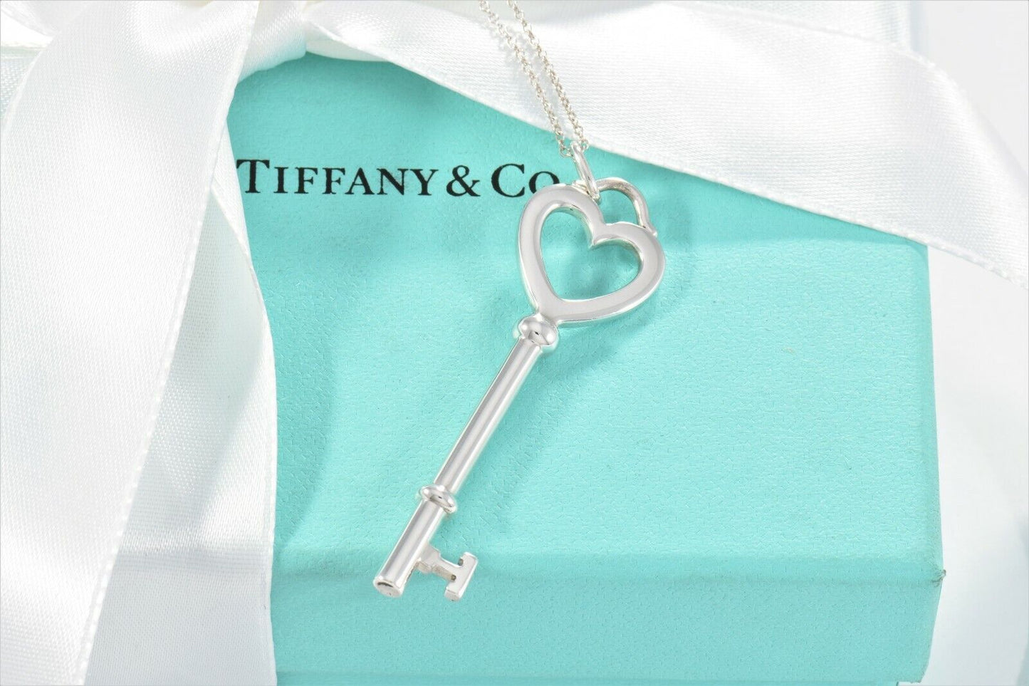 Tiffany & Co Silver Large 2" Heart Key Charm Pendant XL 21" Chain Necklace Pouch