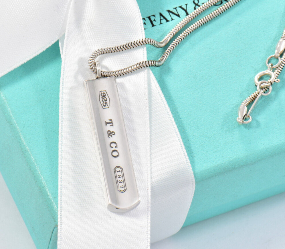 Tiffany & Co Sterling Silver 1837 Bar Pendant 18.25" Snake Chain Necklace in Box