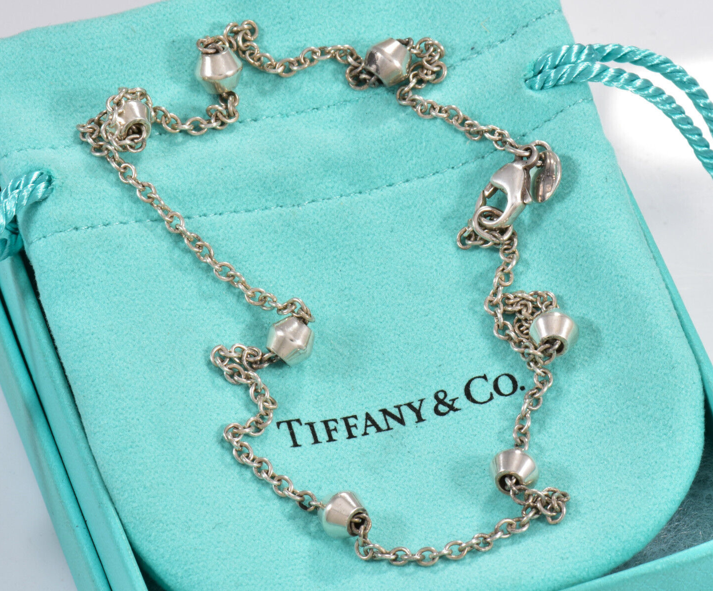 Tiffany & Co Silver Bead By Yard Barrel Ball Station Necklace 16.25" in Pouch