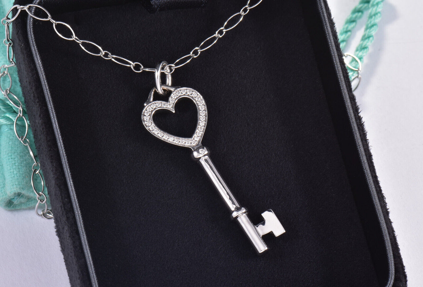 Tiffany & Co Diamond 18K White Gold 1.5" Heart Key Pendant Oval Chain Necklace