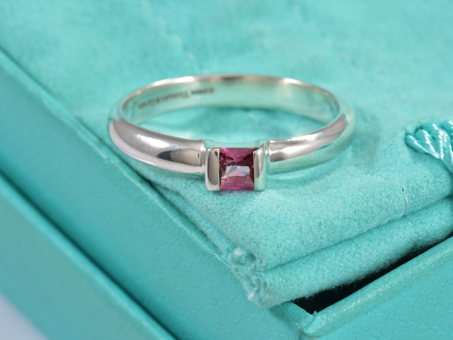 Tiffany & Co Sterling Silver Pink Sapphire Square Stack Band Ring Size 9.5 Boxed