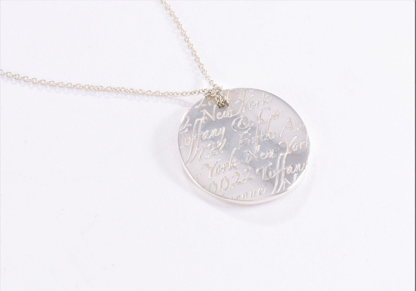 Tiffany & Co Silver NY Address Notes Wavy Round Disk Pendant 16" Necklace Circle