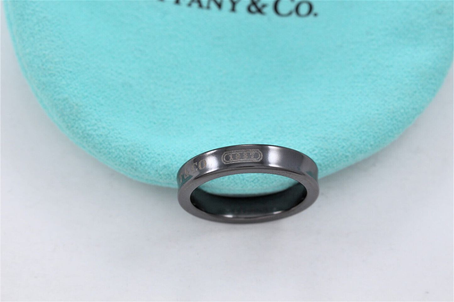 Tiffany & Co Silver Titanium 1837 Narrow Band Ring Size 7 in Pouch Rare Mens