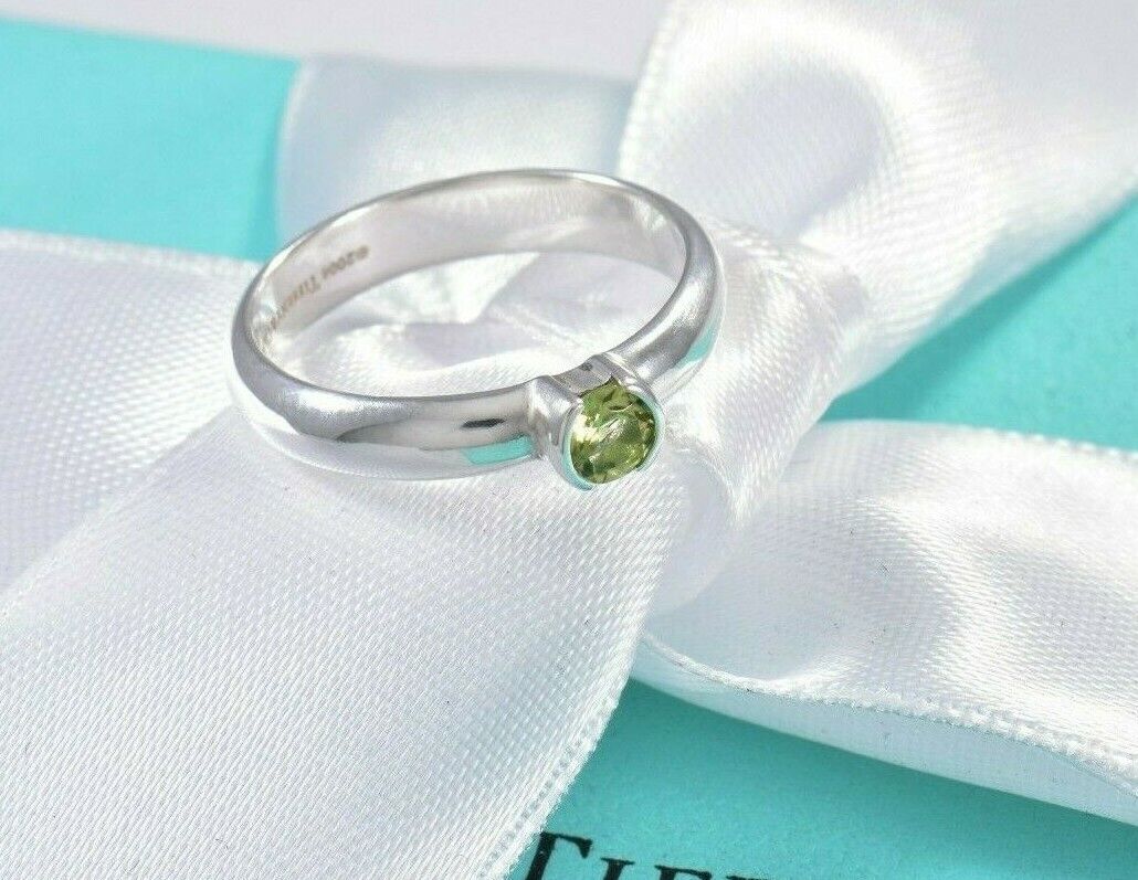 Tiffany & Co Sterling Silver Green Peridot Stack Band Ring Size 6 Boxed Rare