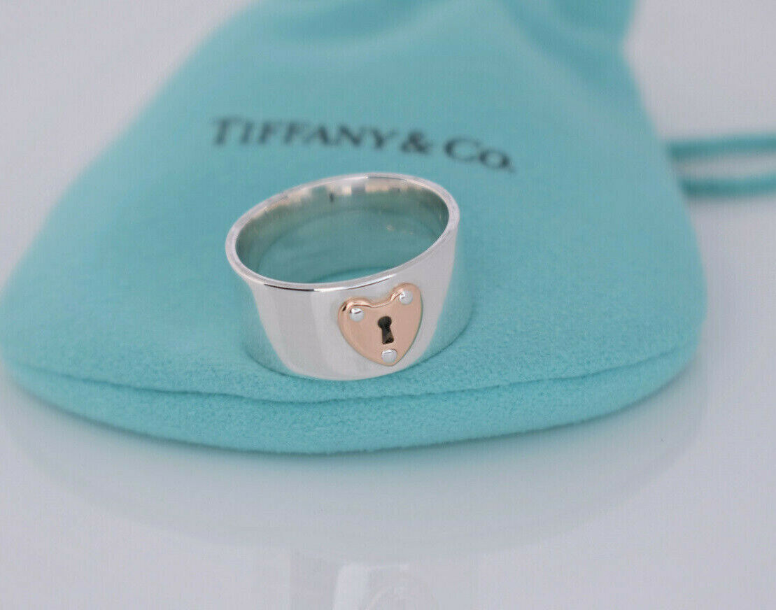 Tiffany & Co 18k Gold Sterling Silver Keyhole Lock Ring Size 6.5 Box Pouch Rare