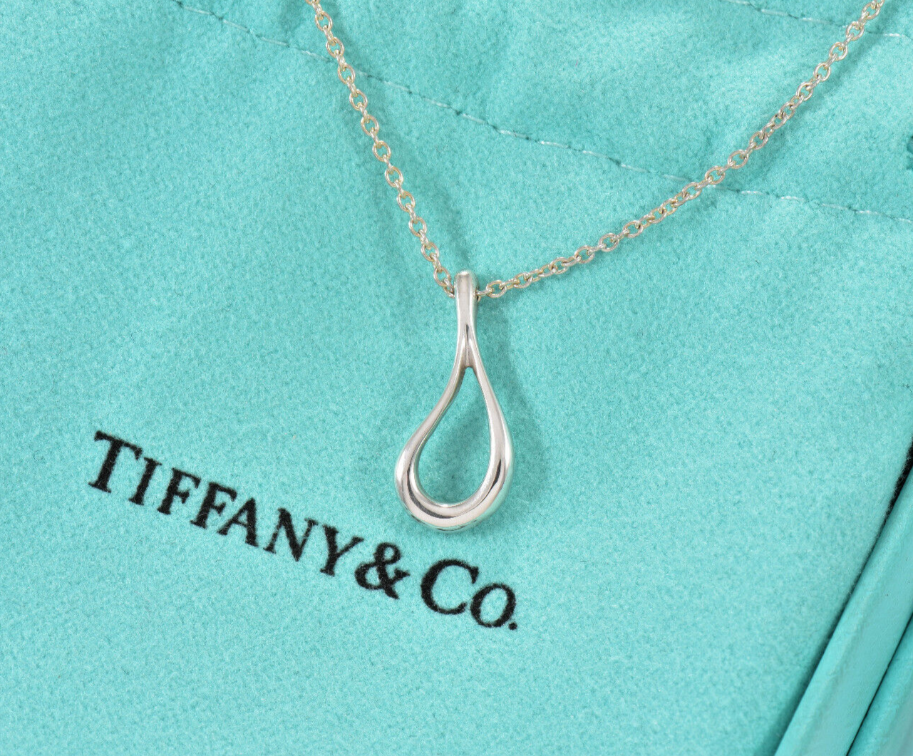 Tiffany & Co Silver Elsa Peretti Open Teardrop Pendant 16" Necklace in Pouch