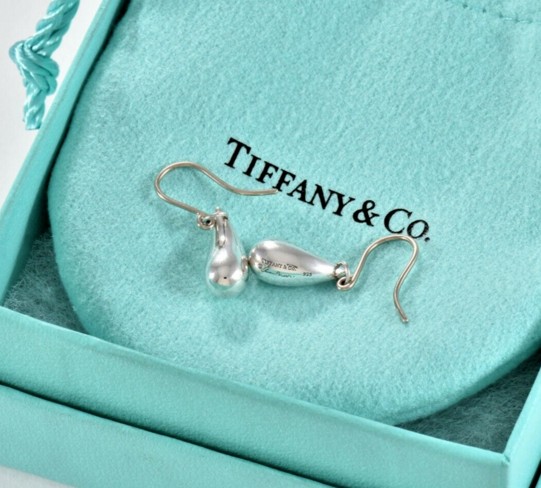 Tiffany & Co Silver Elsa Peretti Dangling Teardrop Hook Earrings in Pouch Lovely