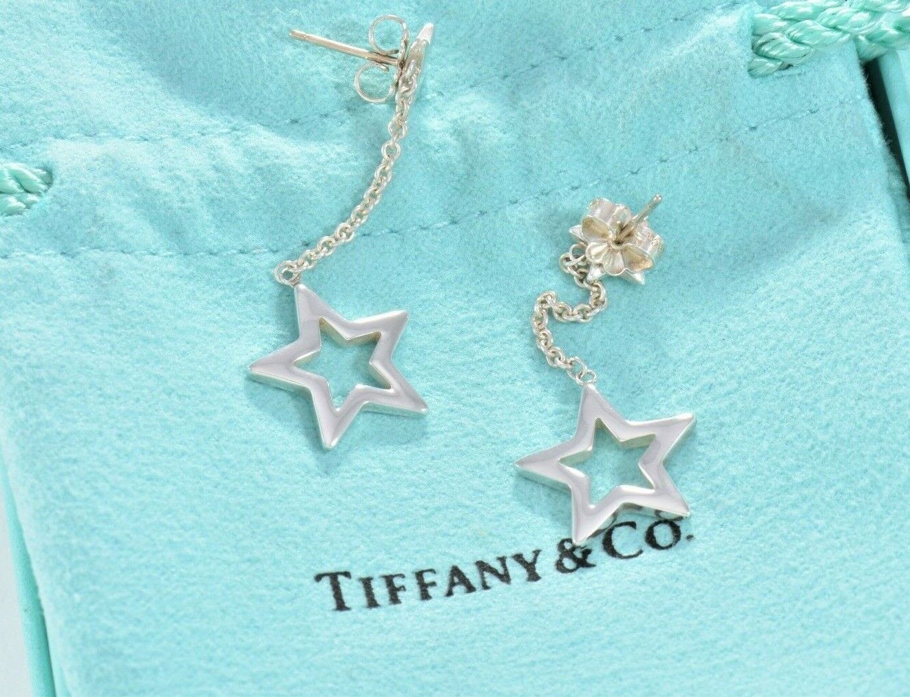 Tiffany & Co Sterling Silver Star Lariat Dangling Earrings in Box Pouch Rare