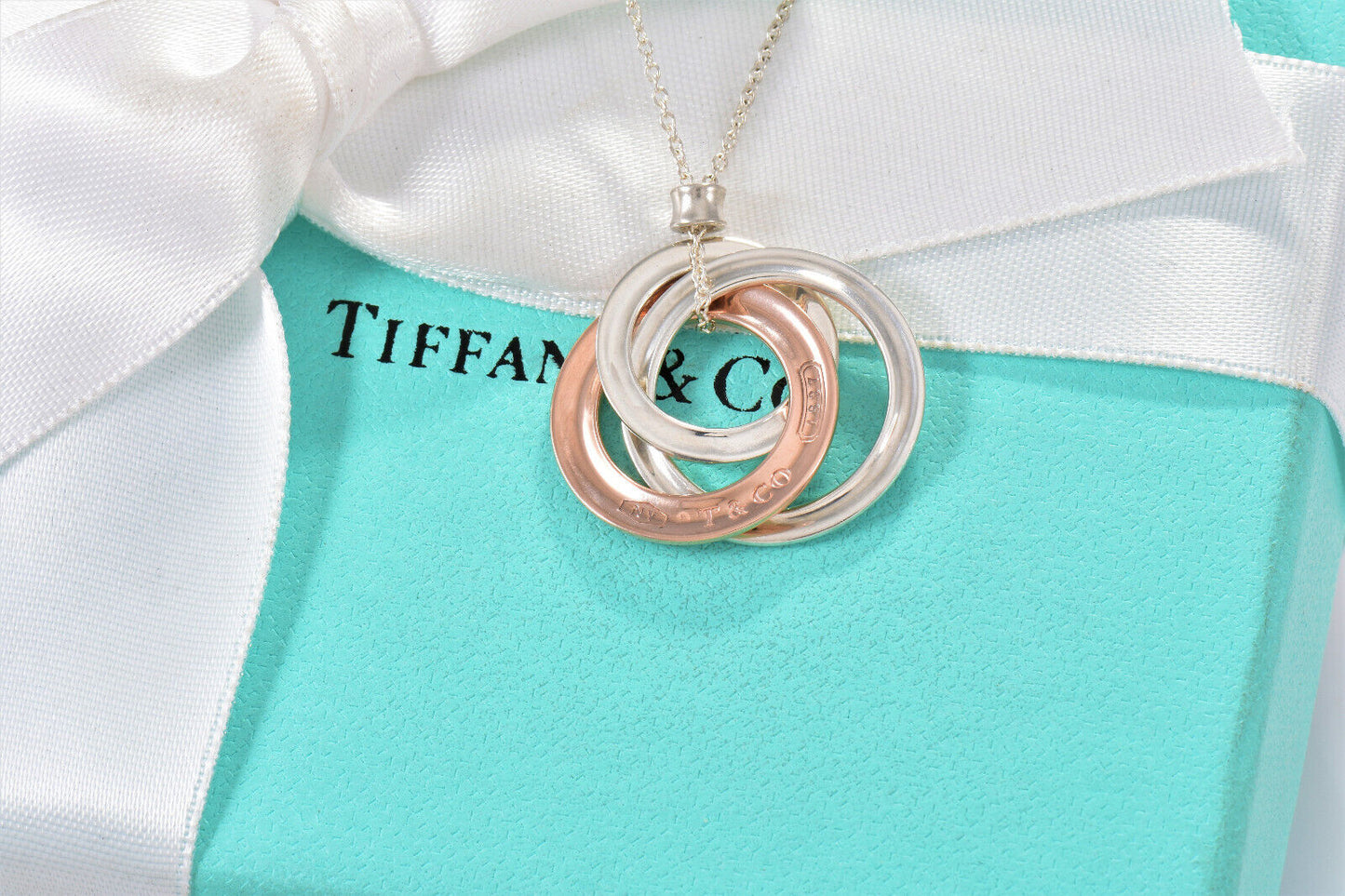 Tiffany & Co Silver Rubedo Metal 1837 Interlocking Circles Pendant Necklace Box