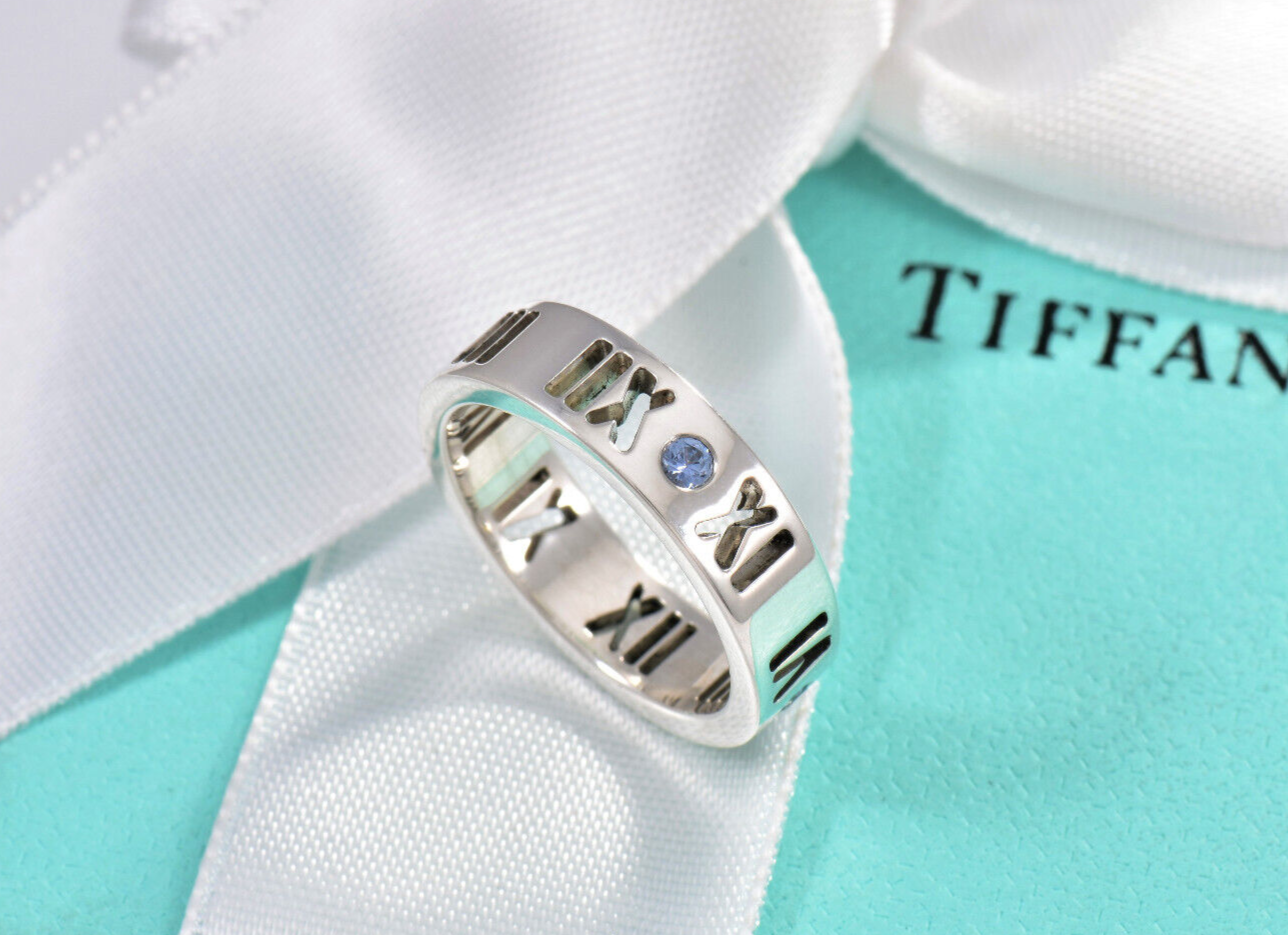 Tiffany & Co Silver Montana Sapphire Atlas Roman Numeral Ring Size 4.5 in Pouch