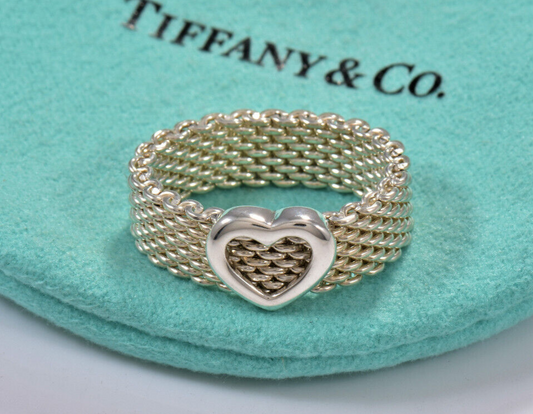 Tiffany & Co Sterling Silver Heart Mesh Love Ring Size 10.5 in Pouch Rare Lovely