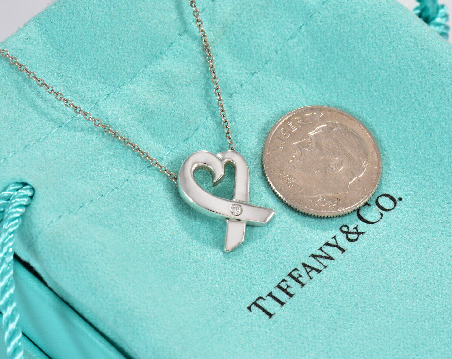 Tiffany & Co Silver Diamond Paloma Picasso Loving Heart Pendant Necklace in Box