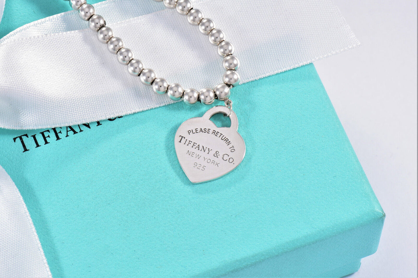 Please Return To Tiffany & Co Silver Heart Pendant 16" Beaded Necklace in Pouch