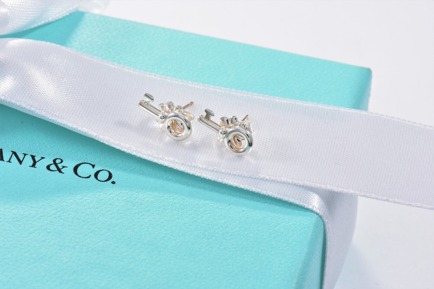 Tiffany & Co Sterling Silver Mini Key Stud Earrings in Pouch Rare Lovely Gift