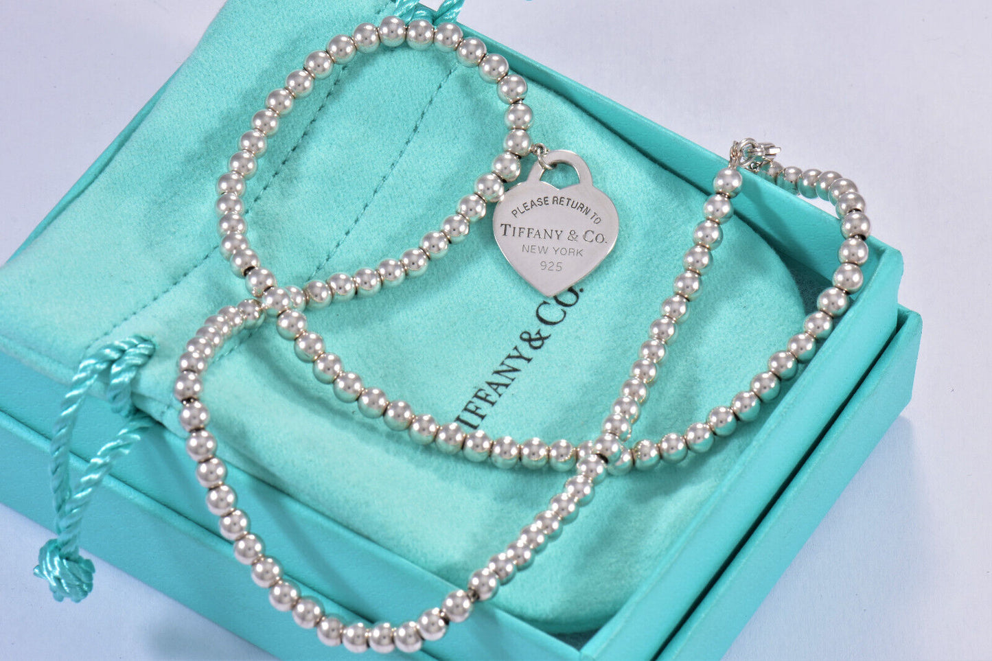 Please Return To Tiffany & Co Silver Heart Pendant 16" Beaded Necklace in Pouch