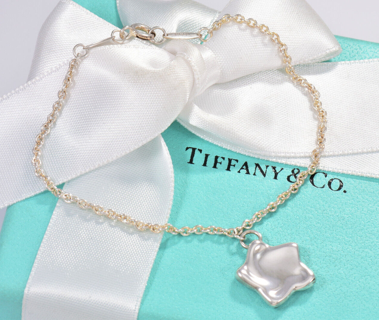 Tiffany & Co Silver Elsa Peretti Star Charm 7.26" Chain Bracelet in Pouch Rare