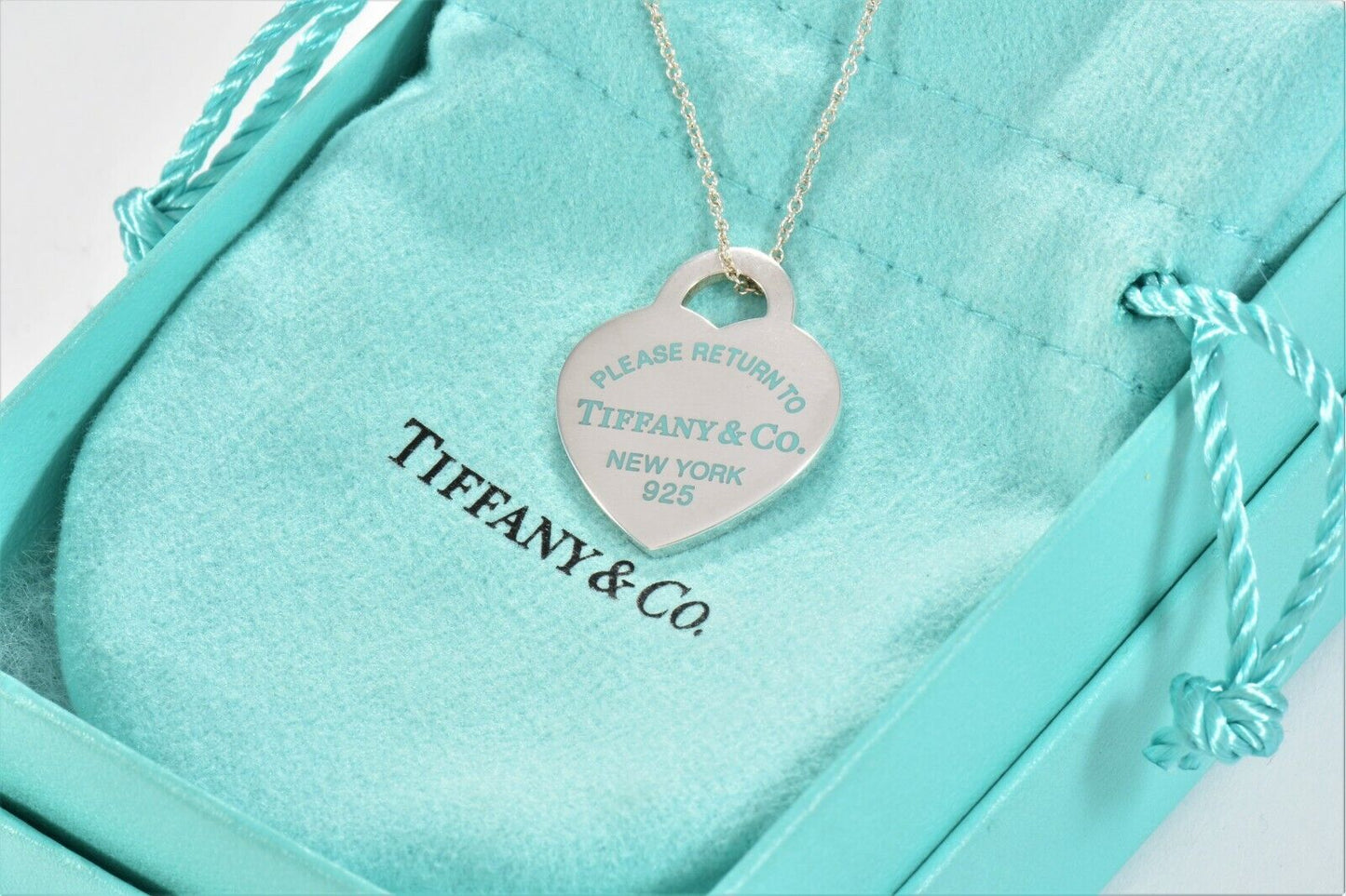 Please Return To Tiffany & Co Silver Heart Blue Enamel Letters 16" Necklace Rare