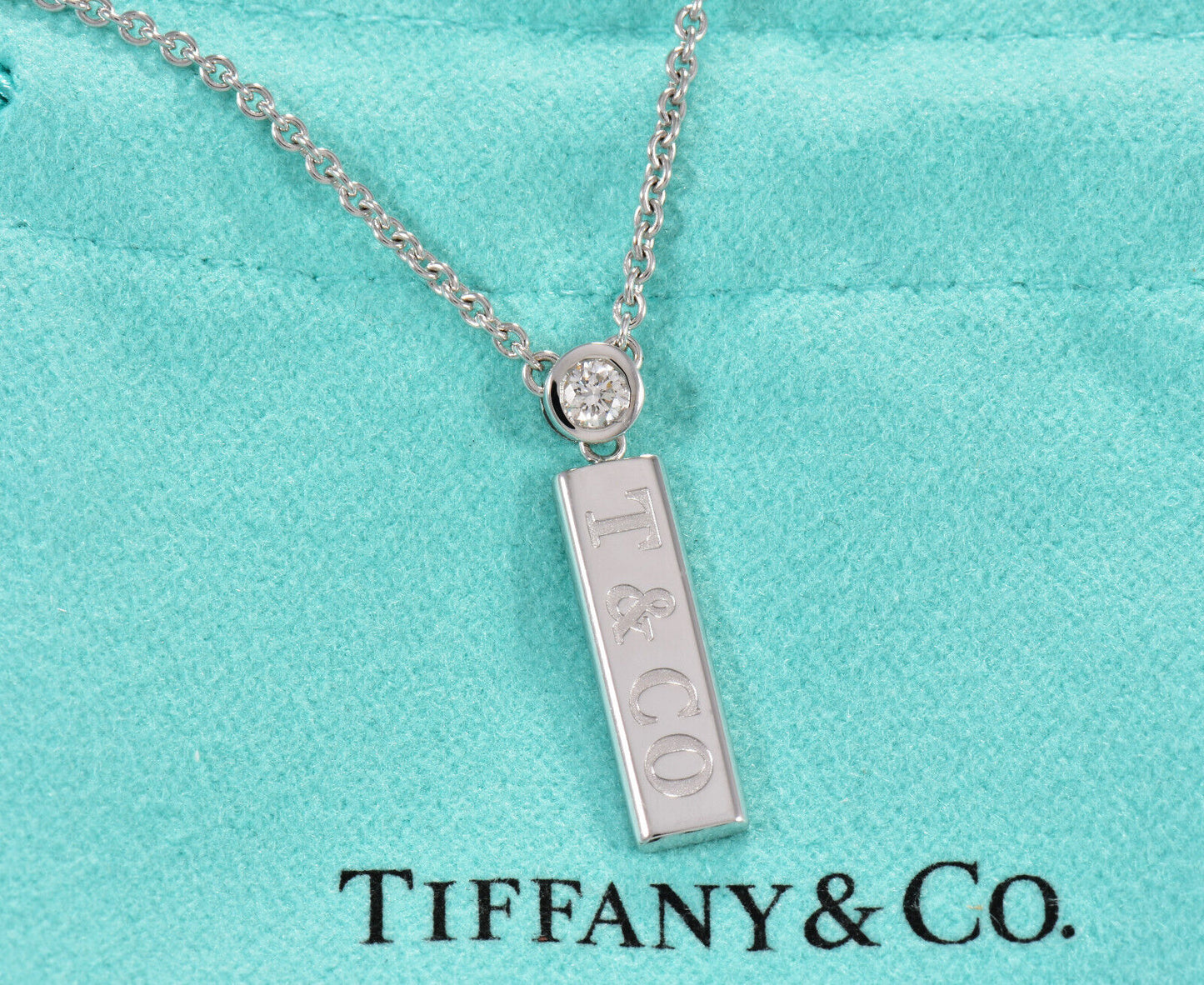 Tiffany & Co Diamond 18K White Gold Logo Bar Pendant 16.25" Necklace & Box Pouch