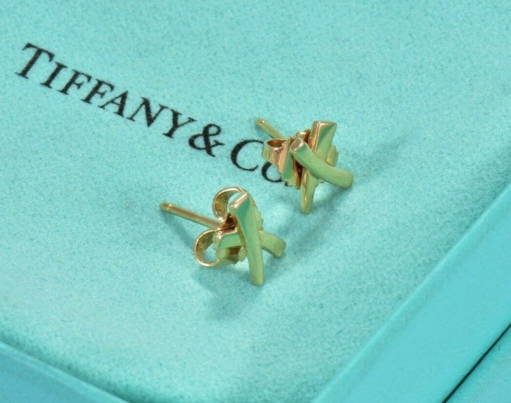 Tiffany & Co 18k Yellow Gold "X" Signature Stud 9mm Small Earrings and Box Pouch