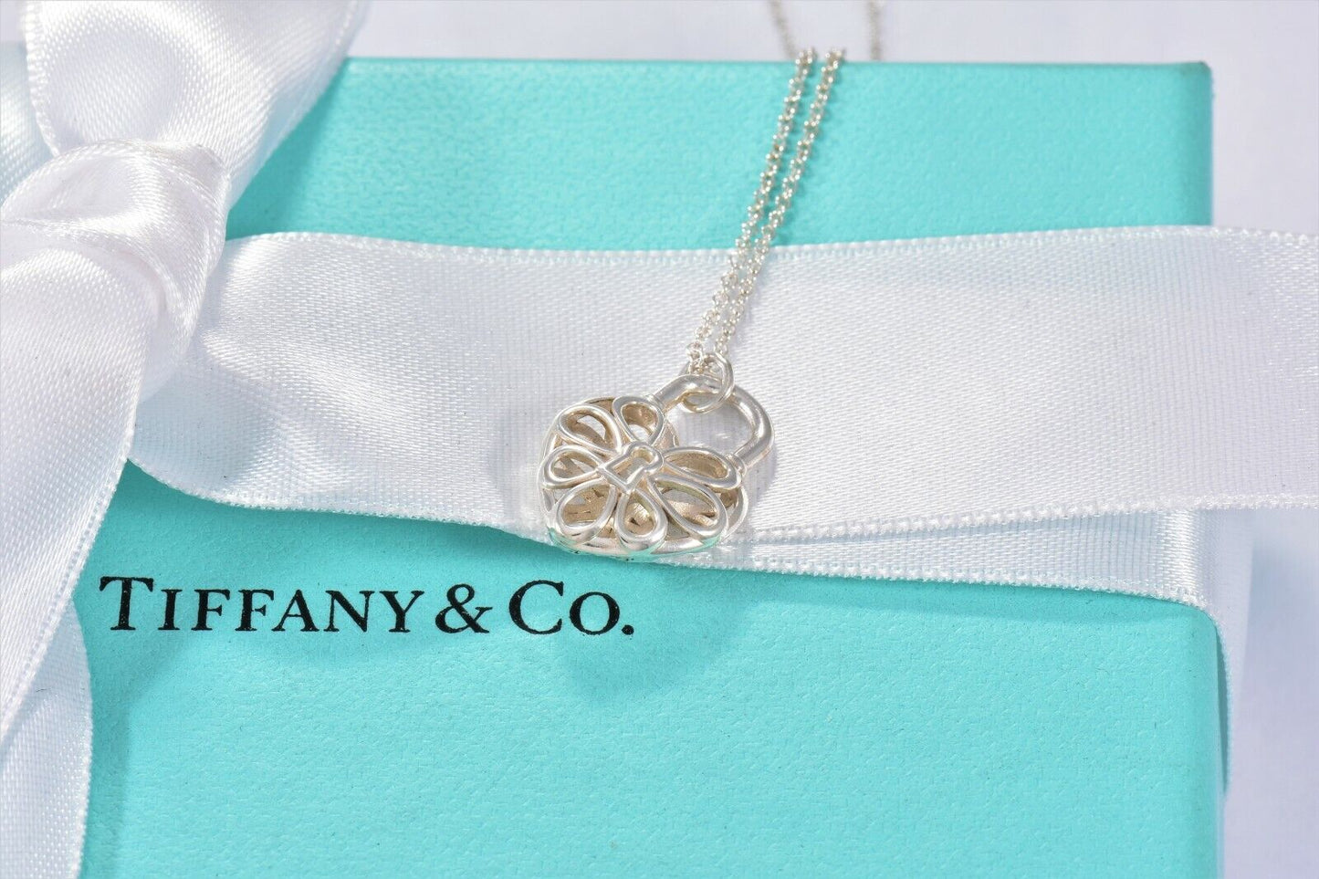 Tiffany & Co Sterling Silver Filigree Heart Lock Pendant Necklace in Pouch