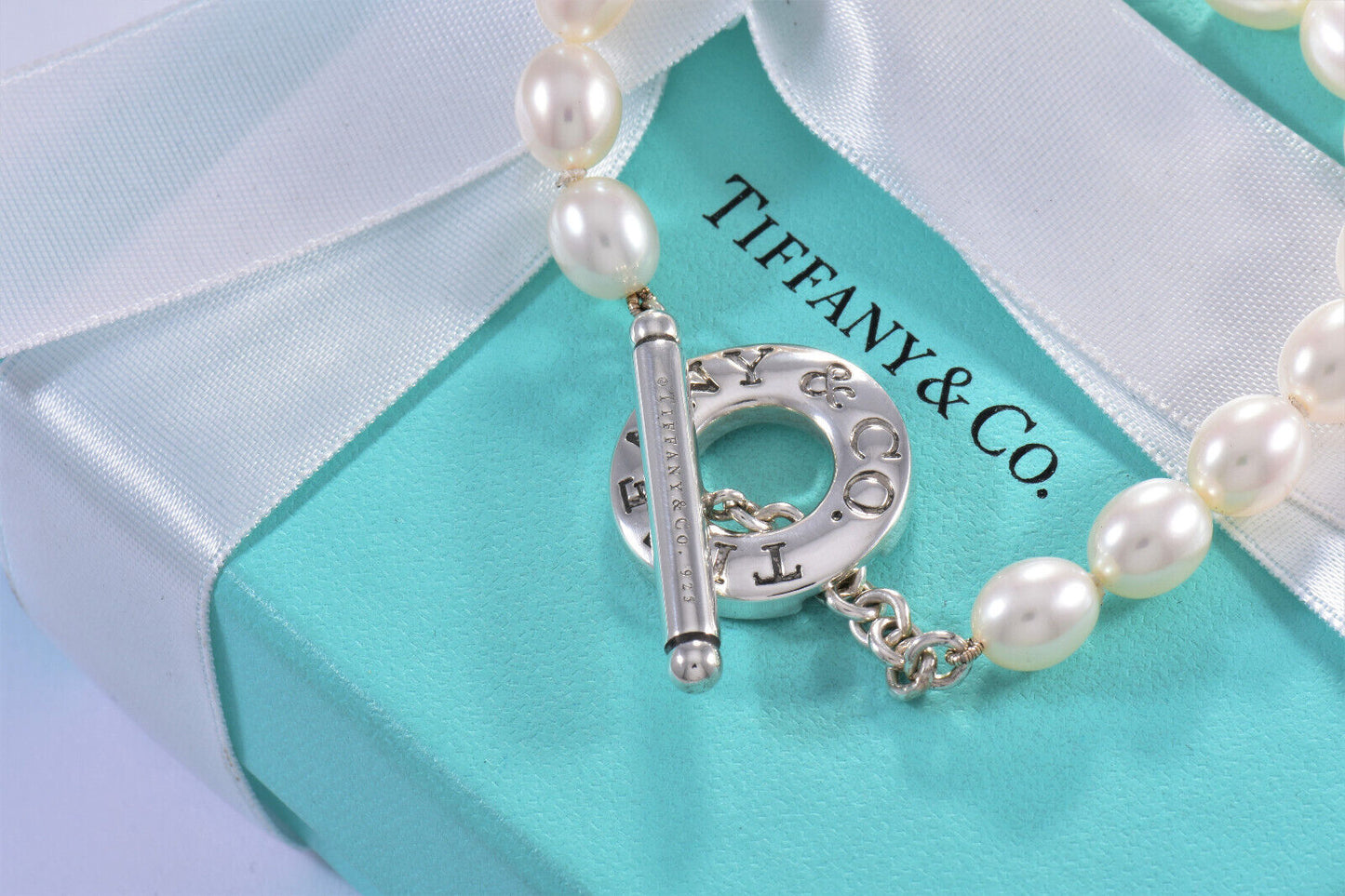 Tiffany & Co Silver Pearl 8mm Bead Toggle Bracelet 7.5" Large in Box Pouch Rare