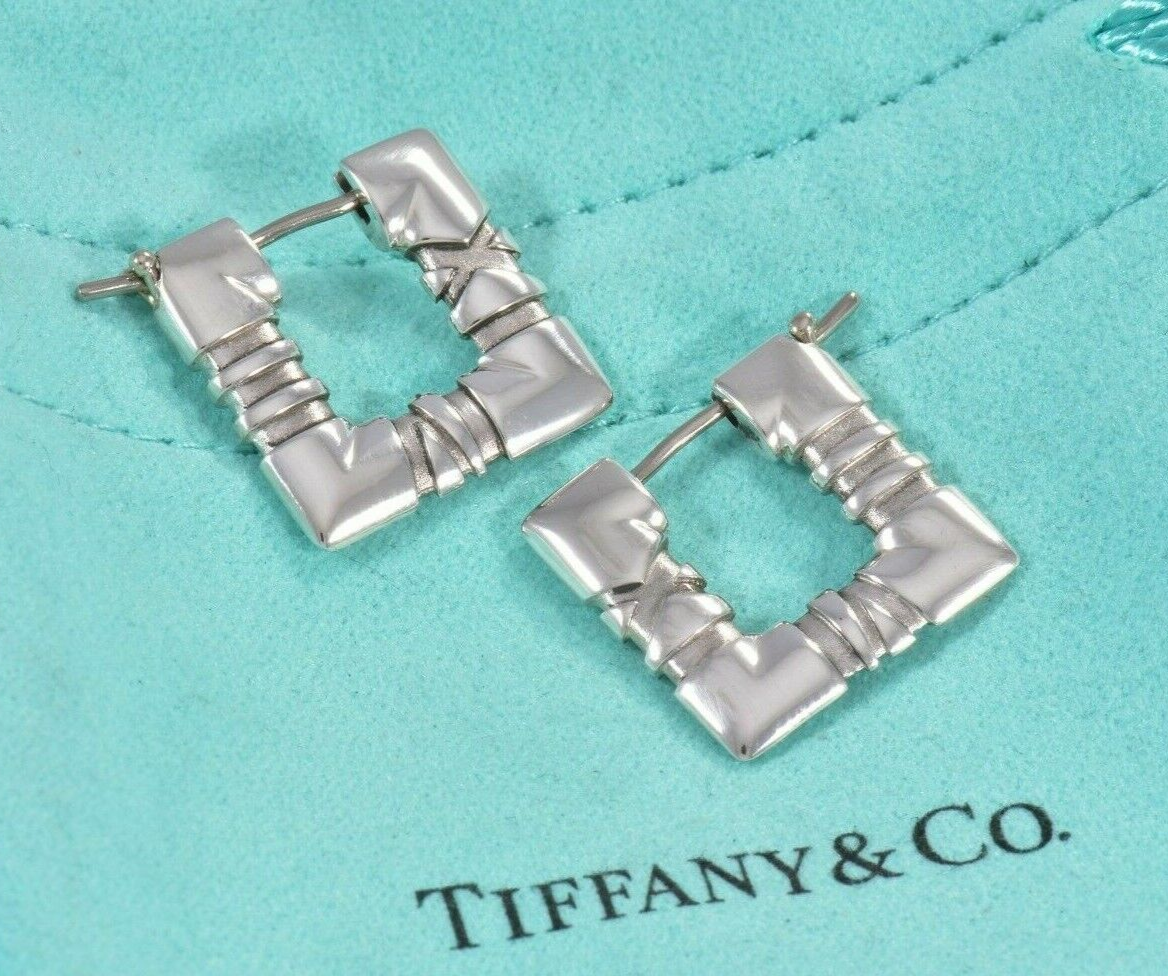 Tiffany & Co Sterling Silver Atlas Square Hoop Earrings in Pouch Roman Numeral