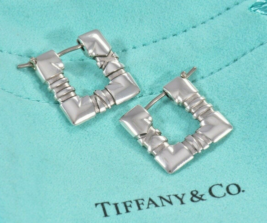 Tiffany & Co Sterling Silver Atlas Square Hoop Earrings in Pouch Roman Numeral