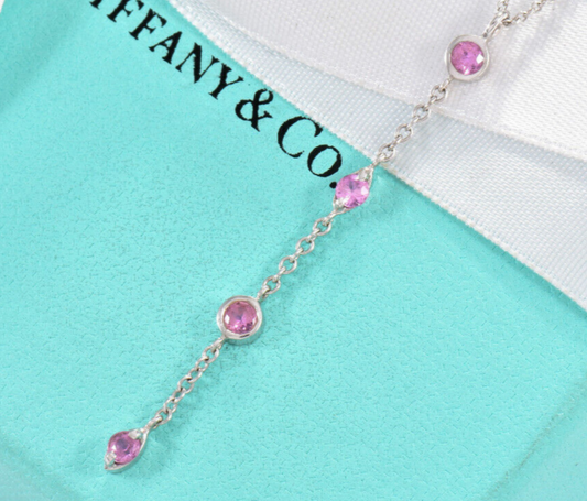 Tiffany & Co Pink Sapphire Chandelier 18K White Gold Drop Pendant Necklace Boxed