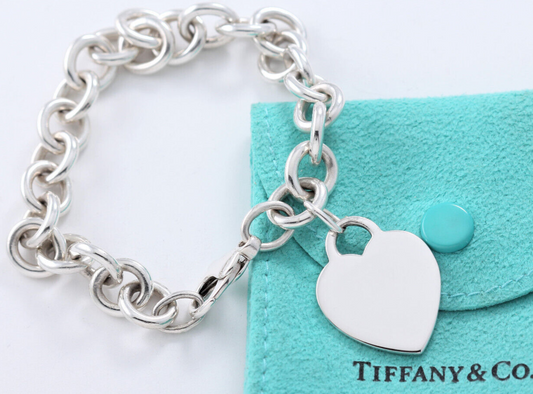 Tiffany & Co Silver Blank Engraveable Heart Tag Charm Bracelet 8" Chain Link