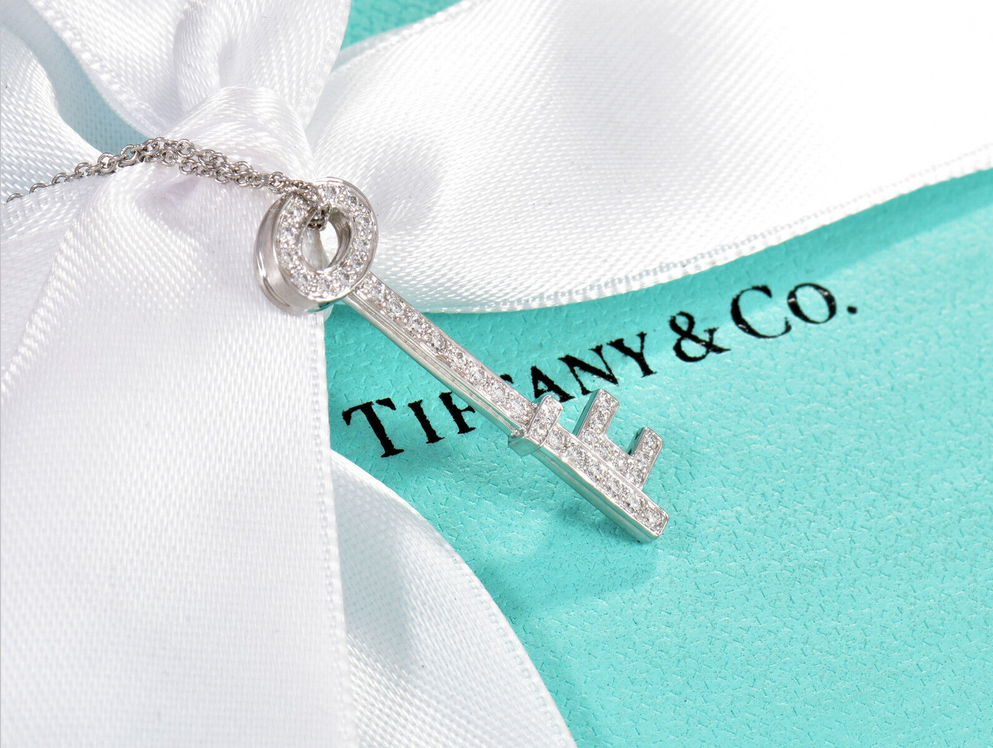 Tiffany & Co Diamond Platinum 1.25" Oval Key Pendant 18.5" Necklace in Box Pouch