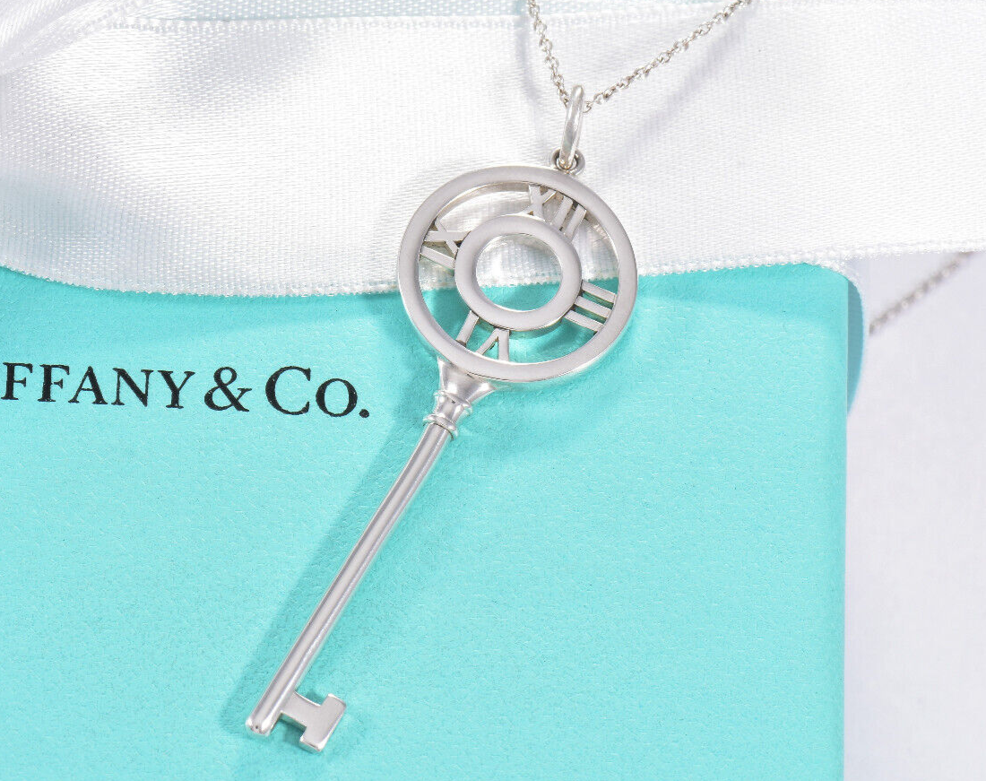 Tiffany & Co Silver 2.25" Atlas Charm Key Pendant 30.25" Necklace in Pouch XL