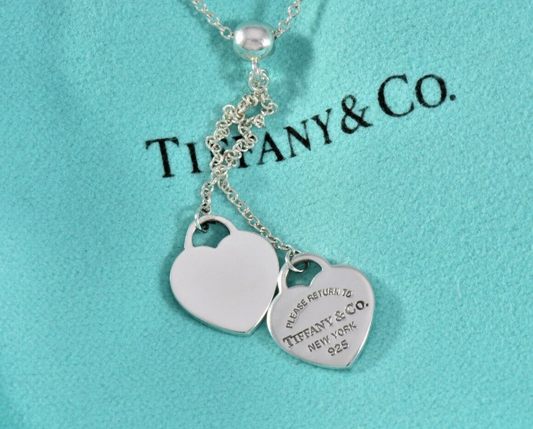 Please Return To Tiffany & Co Silver Double Heart Bead Dangle Pendant Necklace