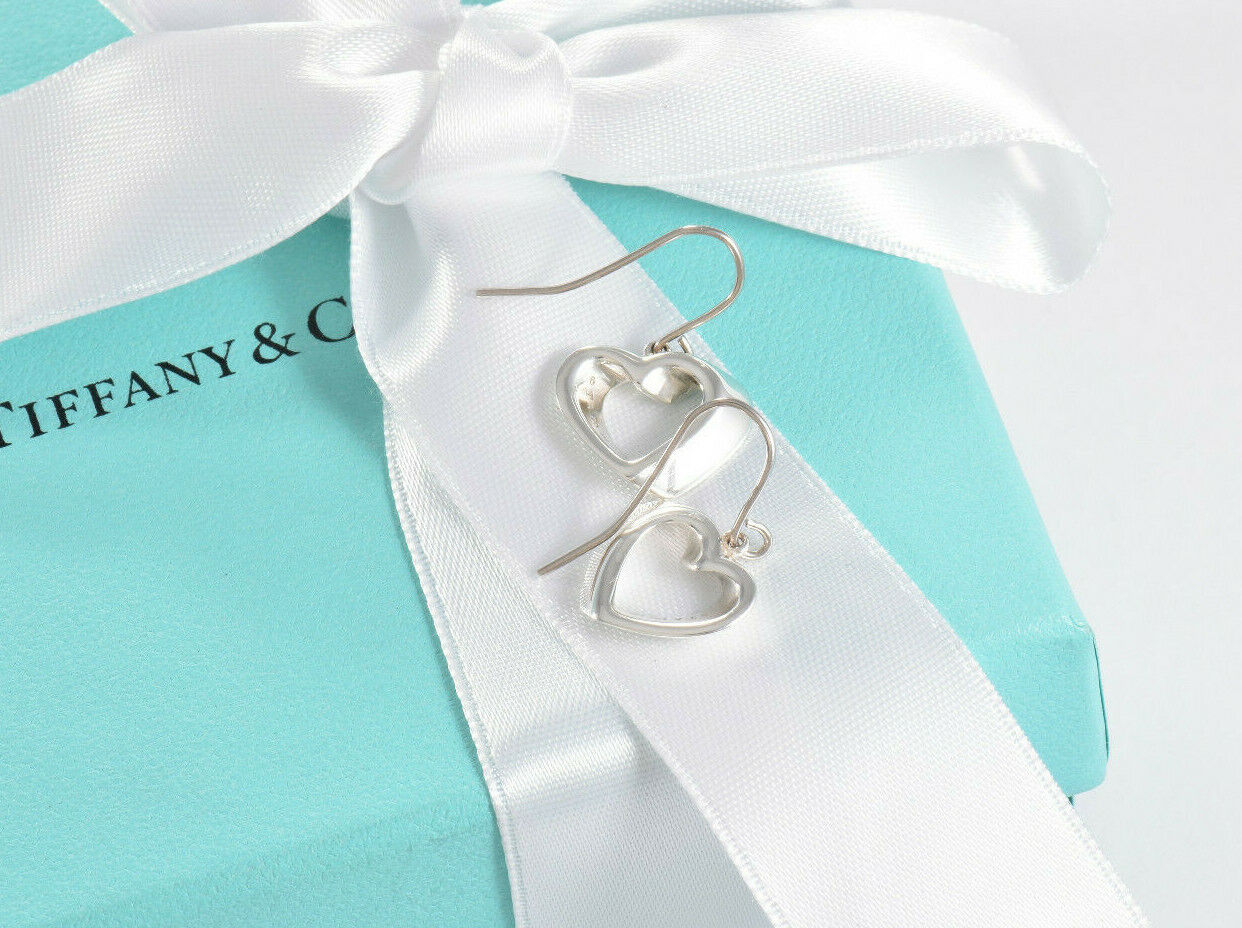 Tiffany & Co Silver Geometric 3D Heart Stencil Dangle Hook Earrings in Pouch