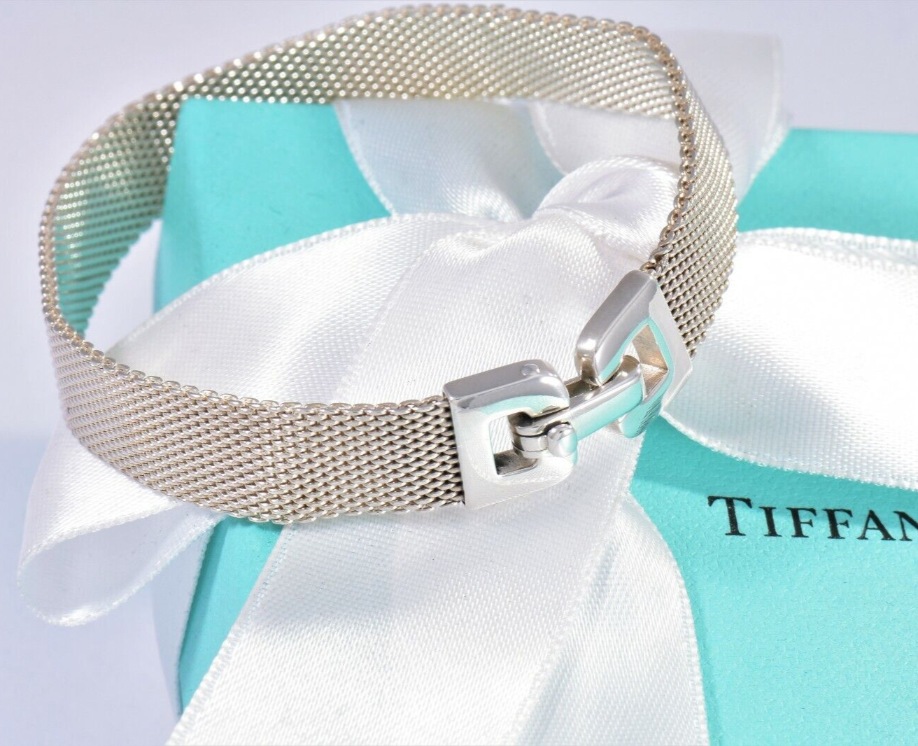 Tiffany & Co Sterling Silver Somerset Mesh Buckle 7" Bracelet & Pouch Rare Weave