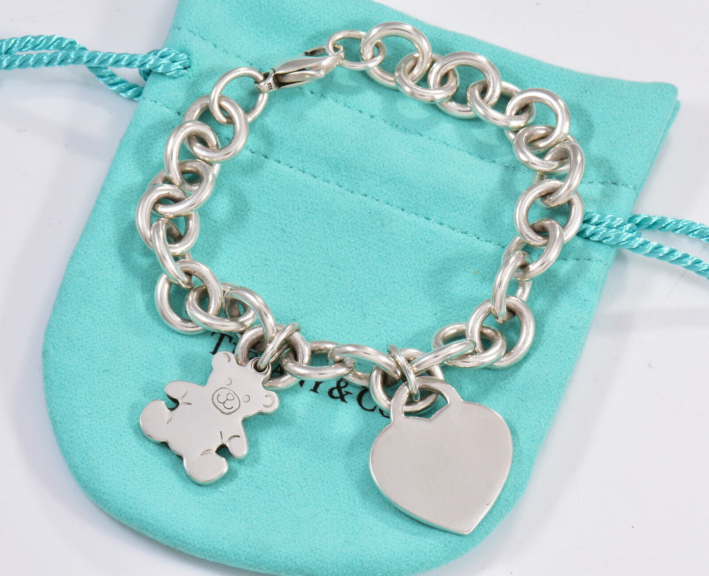 Tiffany & Co Silver Teddy Bear Heart Tag Two Charm 7.75" Chain Link Bracelet