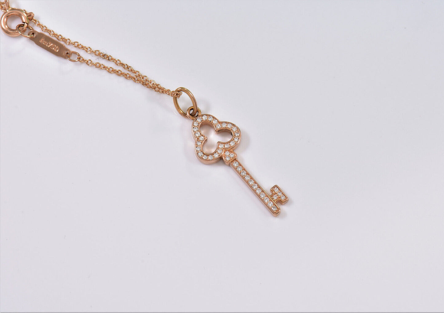 Tiffany & Co Diamond 18K Rose Gold Open Trefoil Key Pendant 16" Necklace in Box