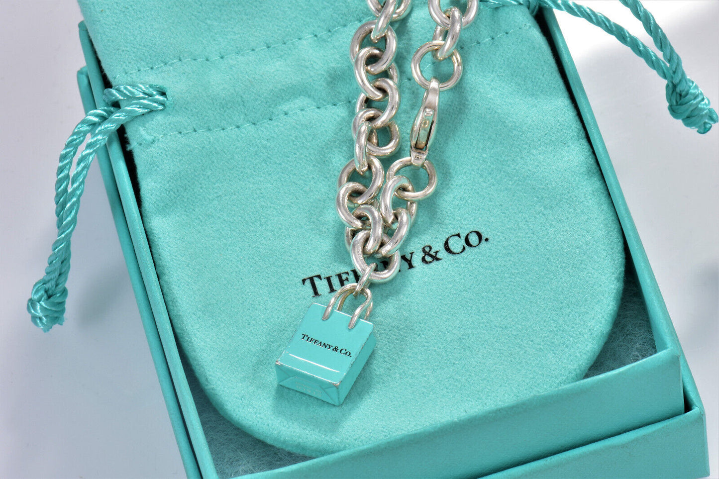 Tiffany & Co Silver Blue Enamel Shopping Bag Charm 7.75" Chain Link Bracelet